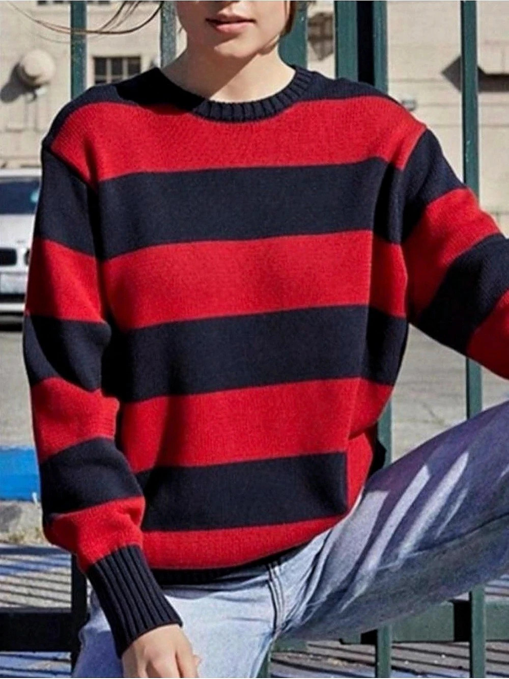 Brandy Melville Striped Crewneck Sweater Red & Blue